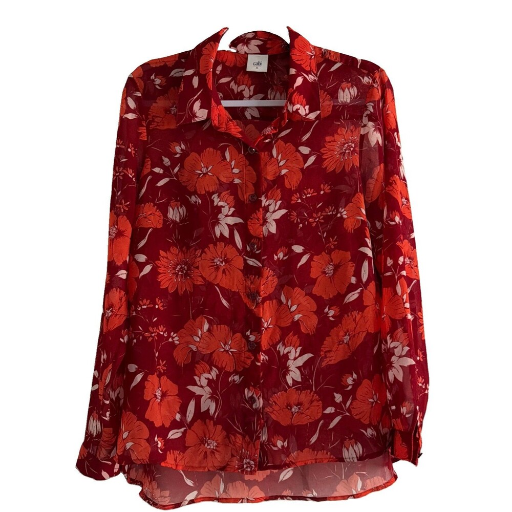 CABI Hothouse Semi Sheer Long Sleeve Blouse Red Orange Floral Sz Med #3766 EUC